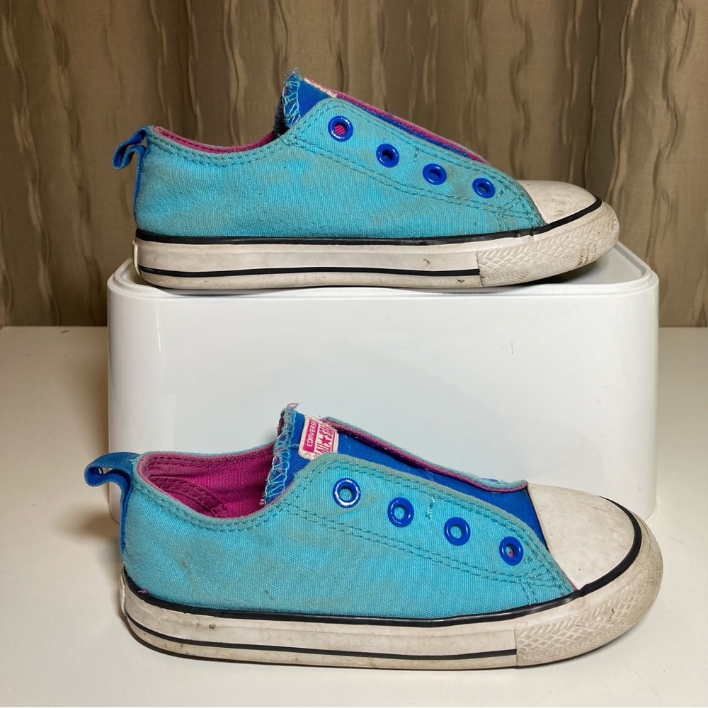 Converse All Star Toddler Kid's 10 No Tie Velcro Blue Teal Pink Slip On Sneakers